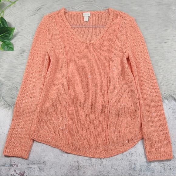 Chico's Sweaters - CHICO’S 1 Orange Open Knit Sequin Shine Samantha V-Neck Sweater Women’s Medium